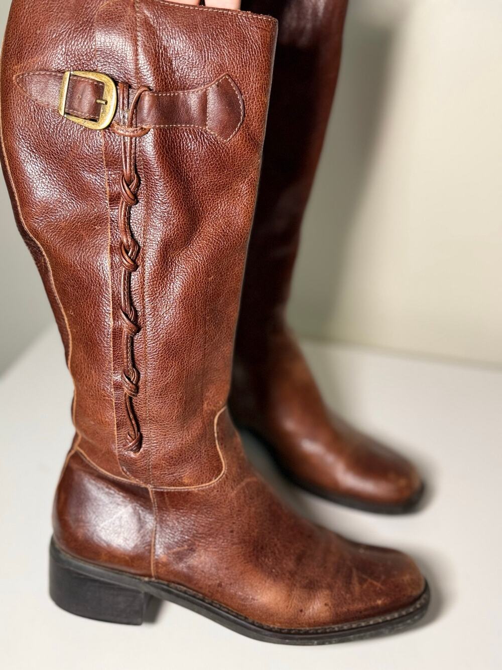 Vintage Brown Leather Tall Riding Boots Buckle Women’s 7.5 M
